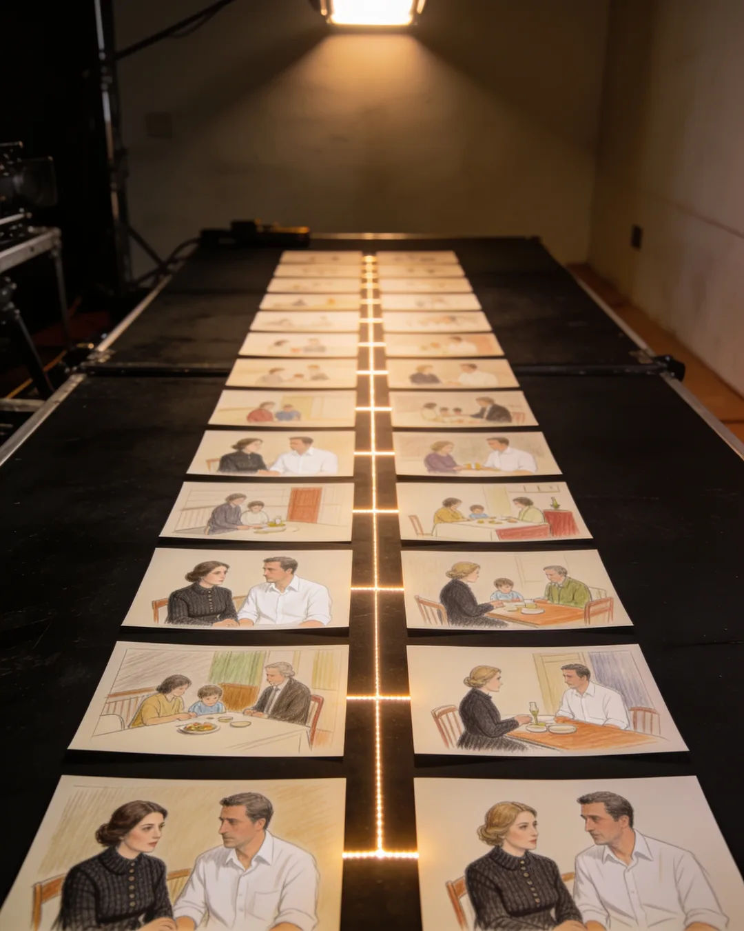 Storyboard cards of an Italian family drama laid out on a production table