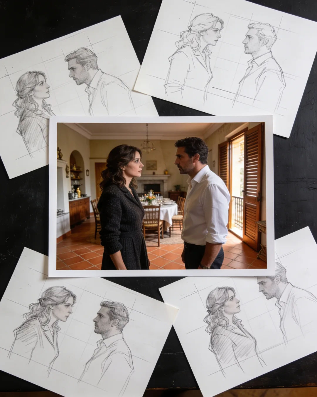 Pencil storyboard sketches around a finished photo of an Italian family scene