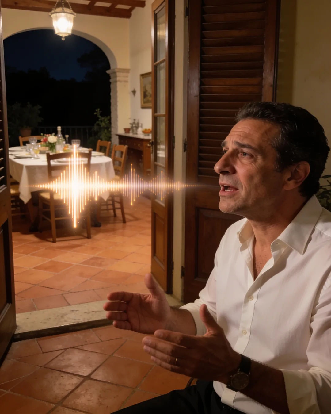 An Italian man in a white shirt speaking at home, a sound waveform beside him