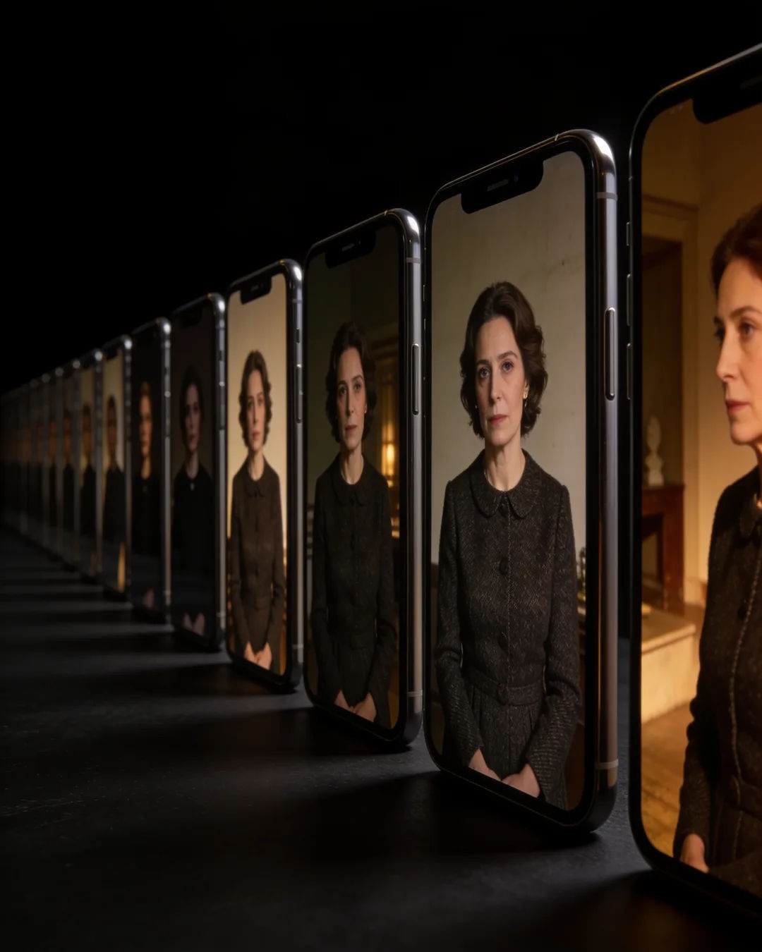 A row of phones showing episodes of the same Italian drama series