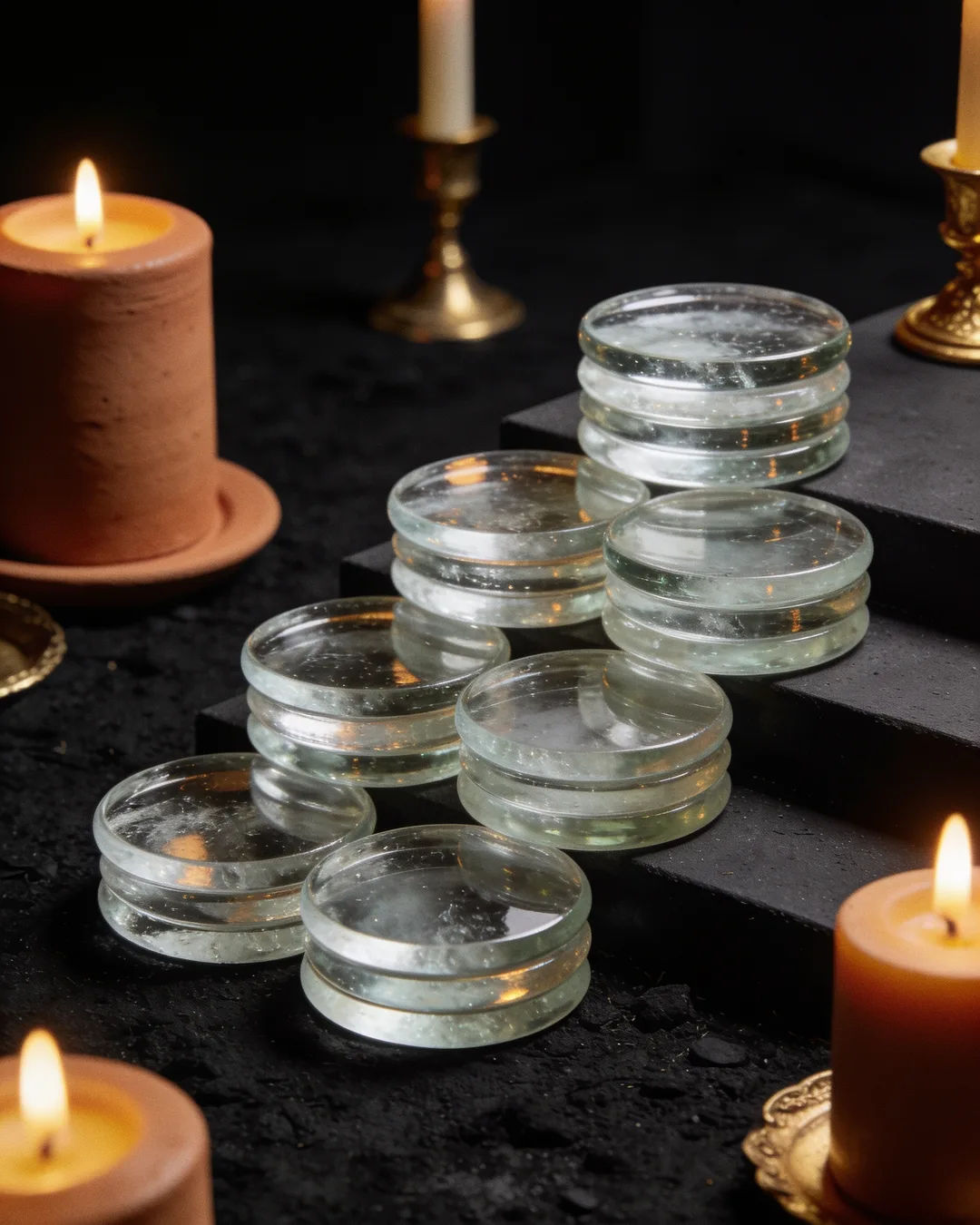 Stacks of glass tokens rising on a black ground