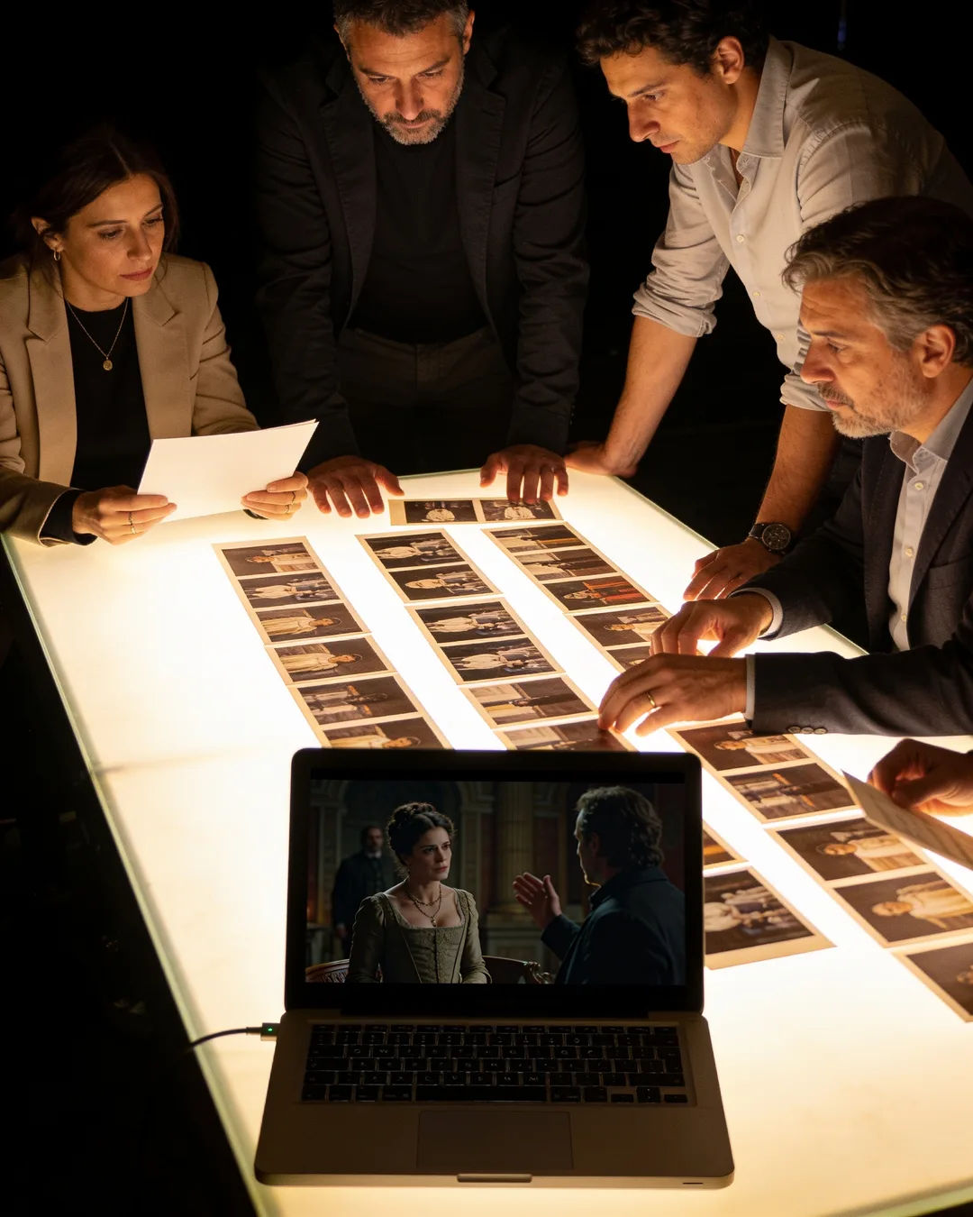 An Italian production team reviewing printed frames on a lit table