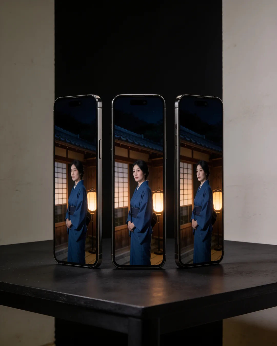 The same Japanese woman in an indigo kimono on three vertical phone screens
