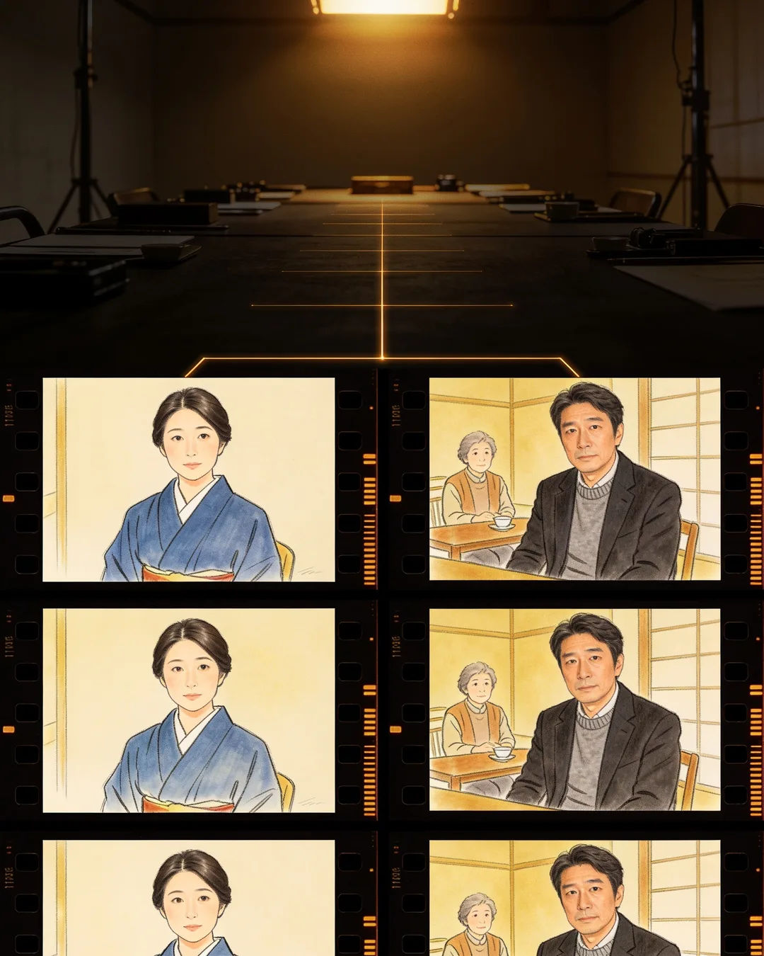 Storyboard cards of a Japanese family drama laid out on a production table