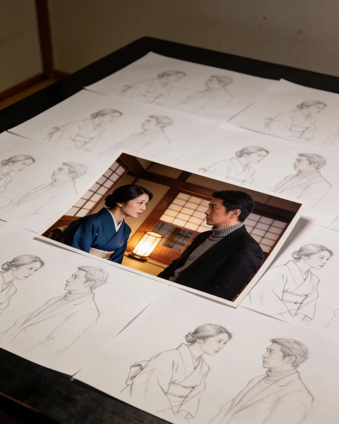 Pencil storyboard sketches around a finished photo of a Japanese family scene