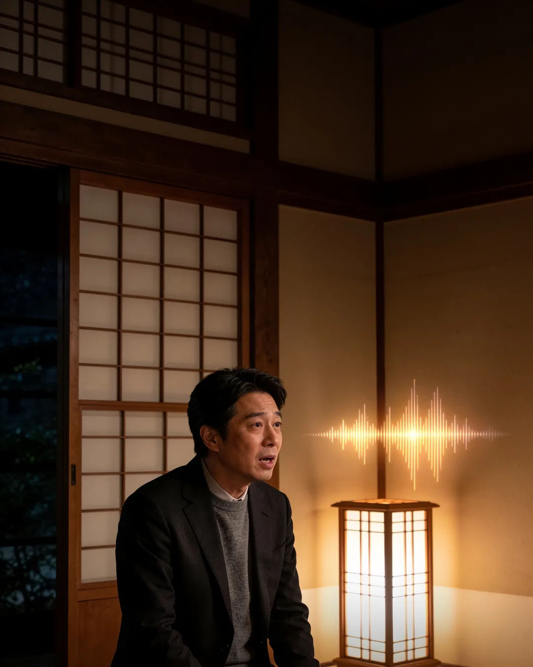 A Japanese man in a dark blazer speaking at home, a sound waveform beside him