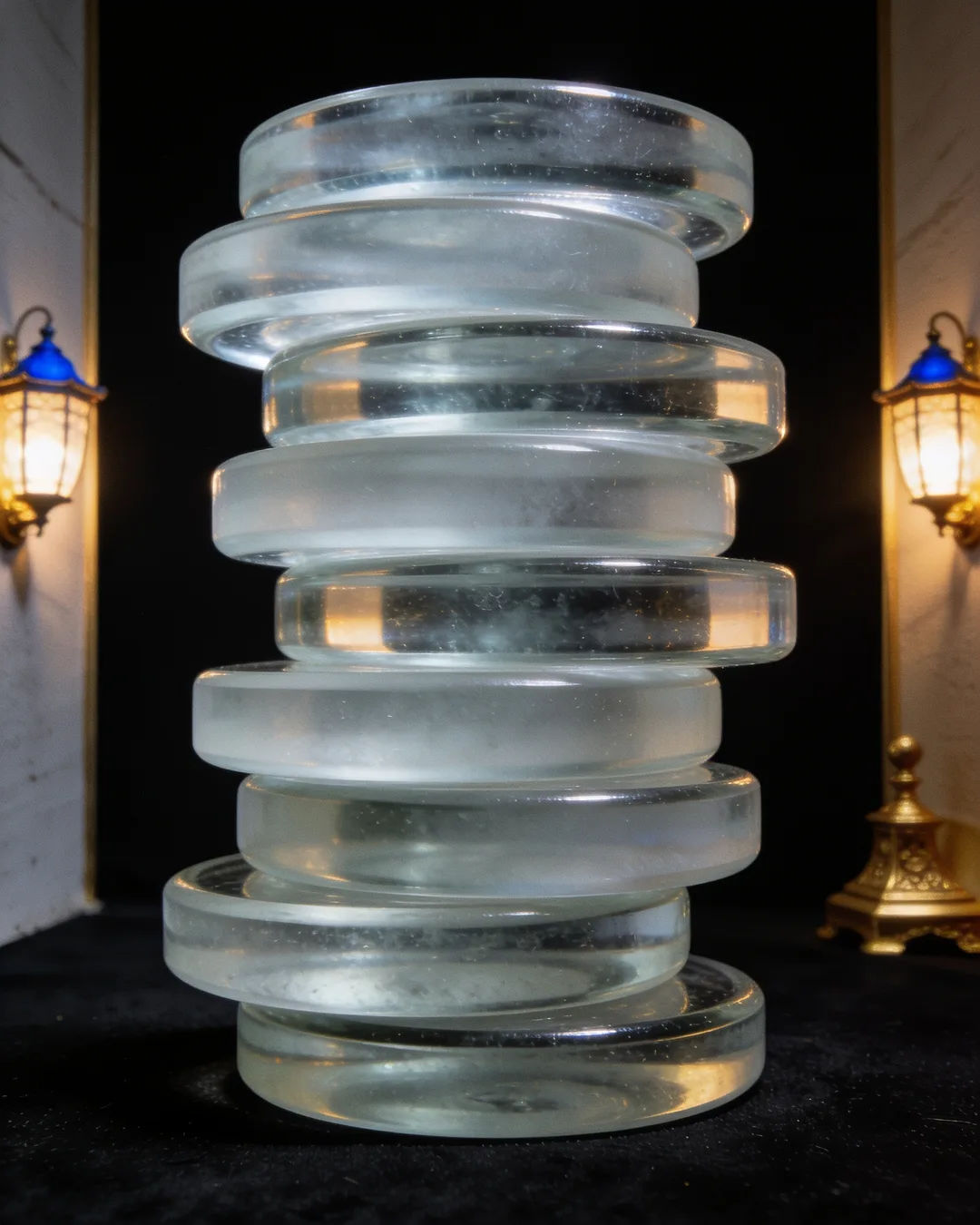 Stacks of glass tokens rising on a black ground