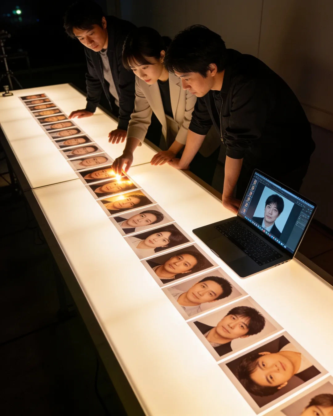 A Japanese production team reviewing printed frames on a lit table