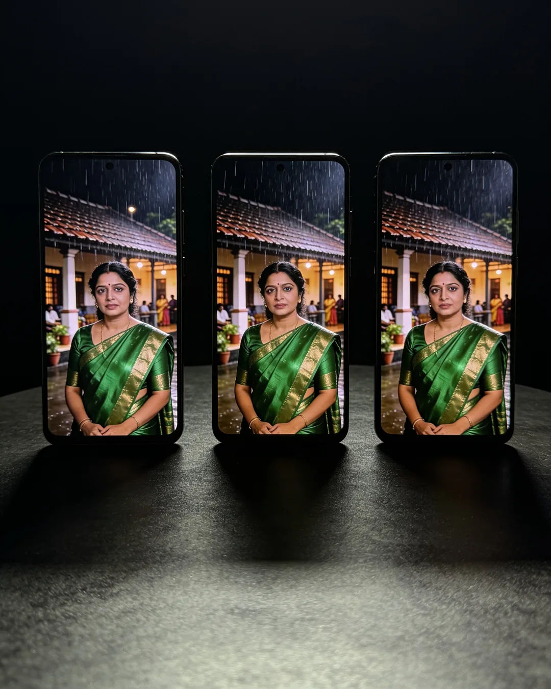 The same Kannada woman in a green silk saree on three vertical phone screens