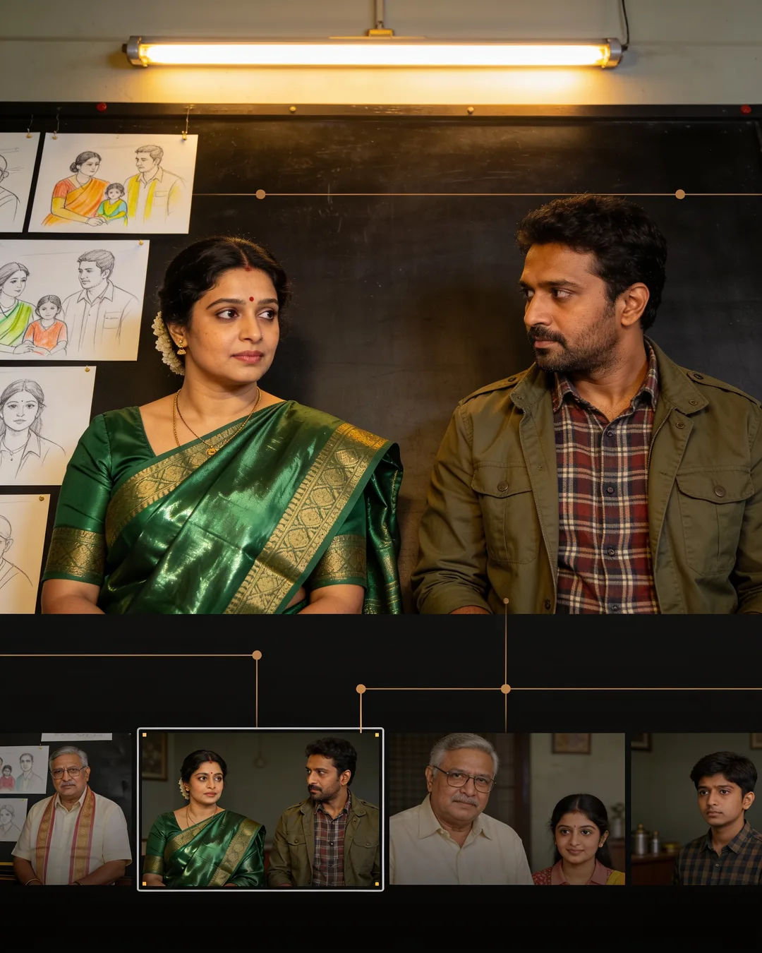 Storyboard cards of a Kannada family drama laid out on a production table