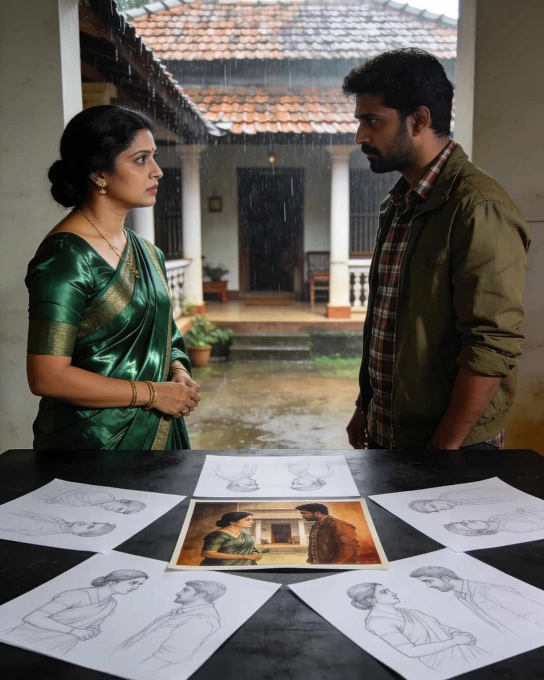 Pencil storyboard sketches around a finished photo of a Kannada family scene