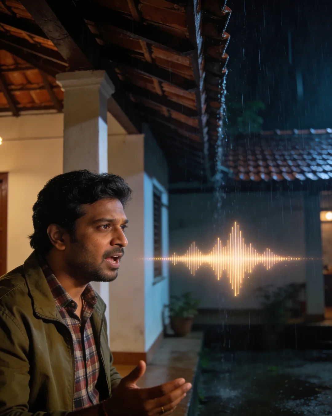 A Kannada man in a plaid shirt and olive jacket speaking at home, a sound waveform beside him