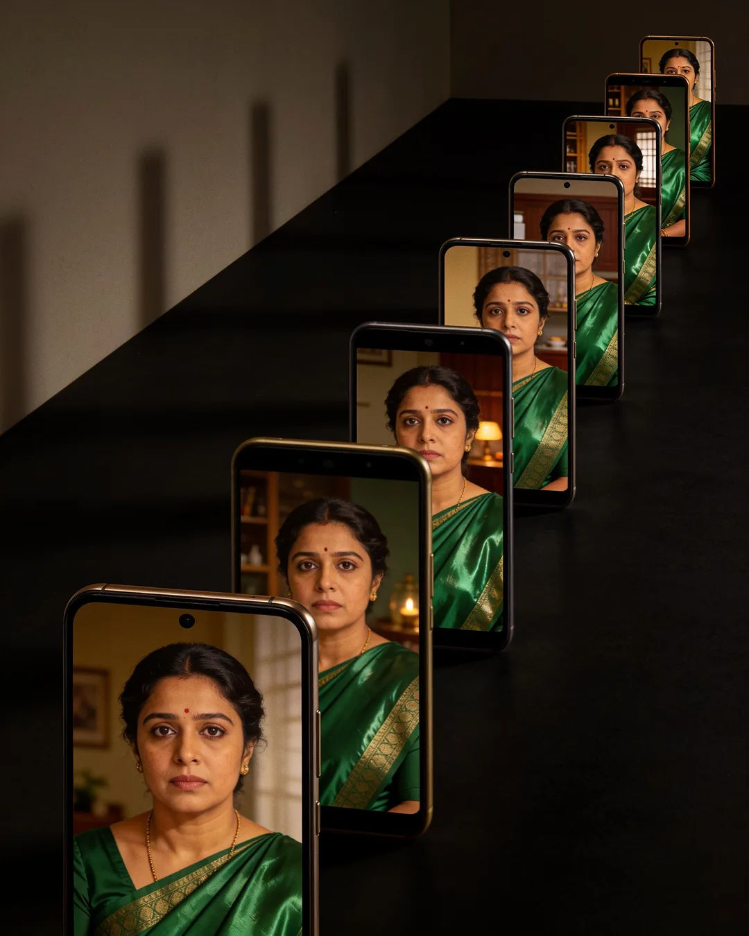 A row of phones showing episodes of the same Kannada drama series