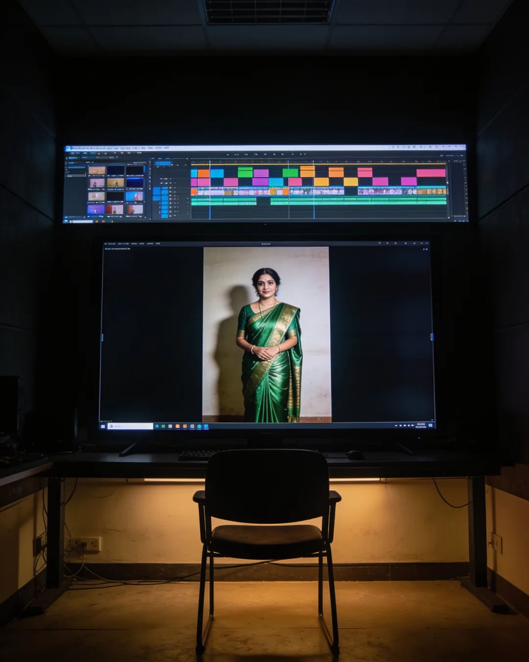 An editing suite with a vertical frame of a Kannada woman in a green silk saree above a timeline