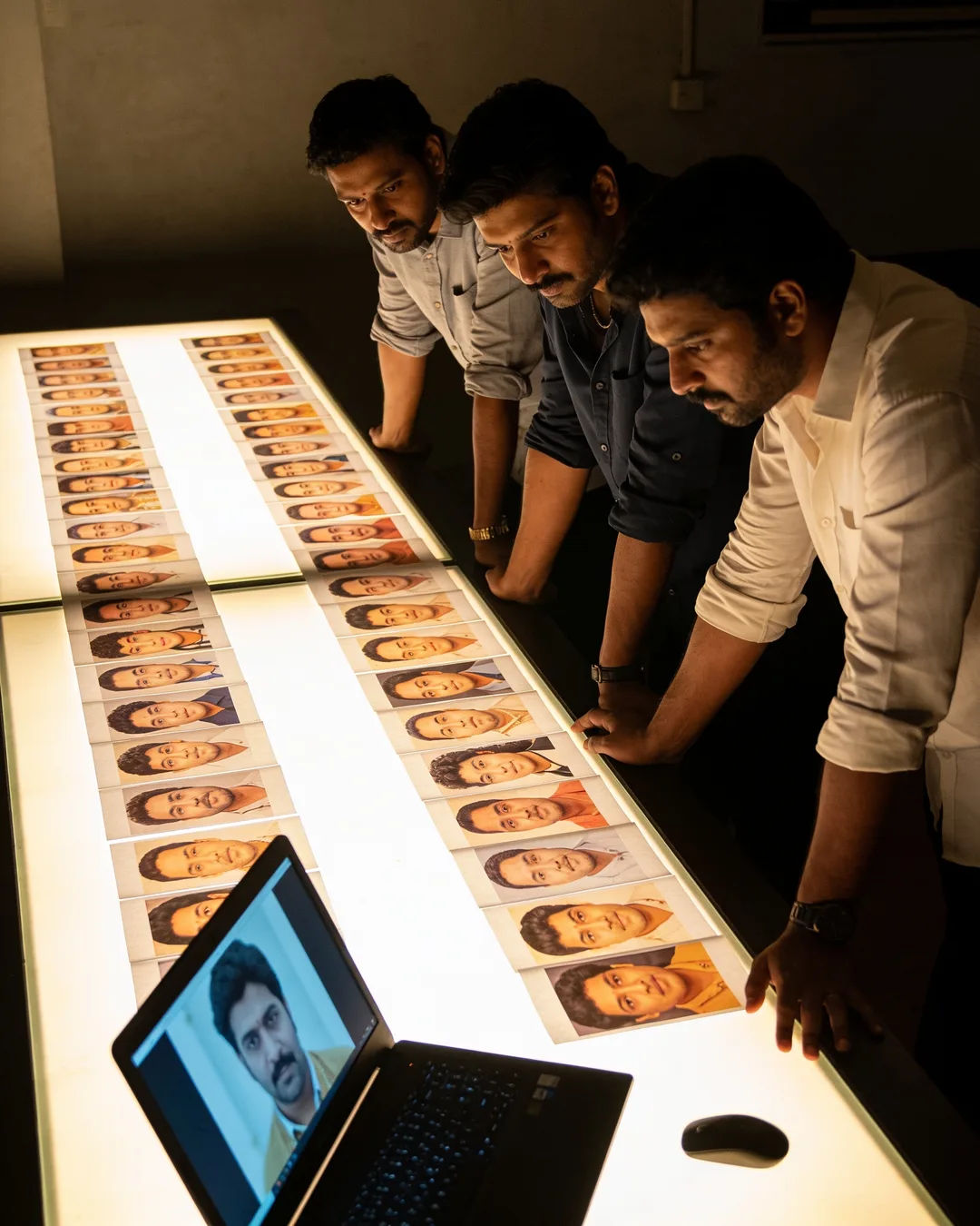 A Bengaluru production team reviewing printed frames on a lit table
