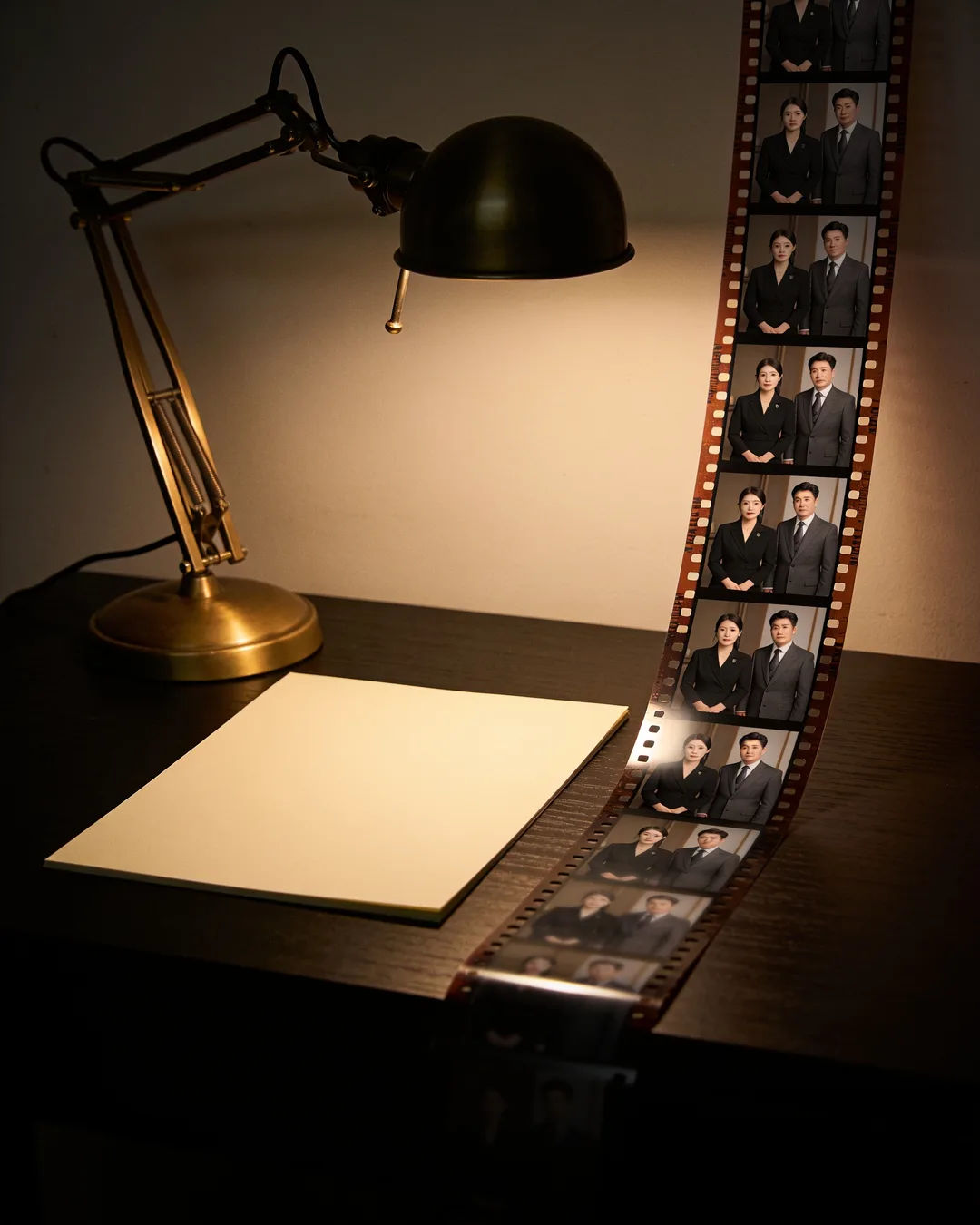 A blank page under a desk lamp beside a strip of film frames from a Korean family drama