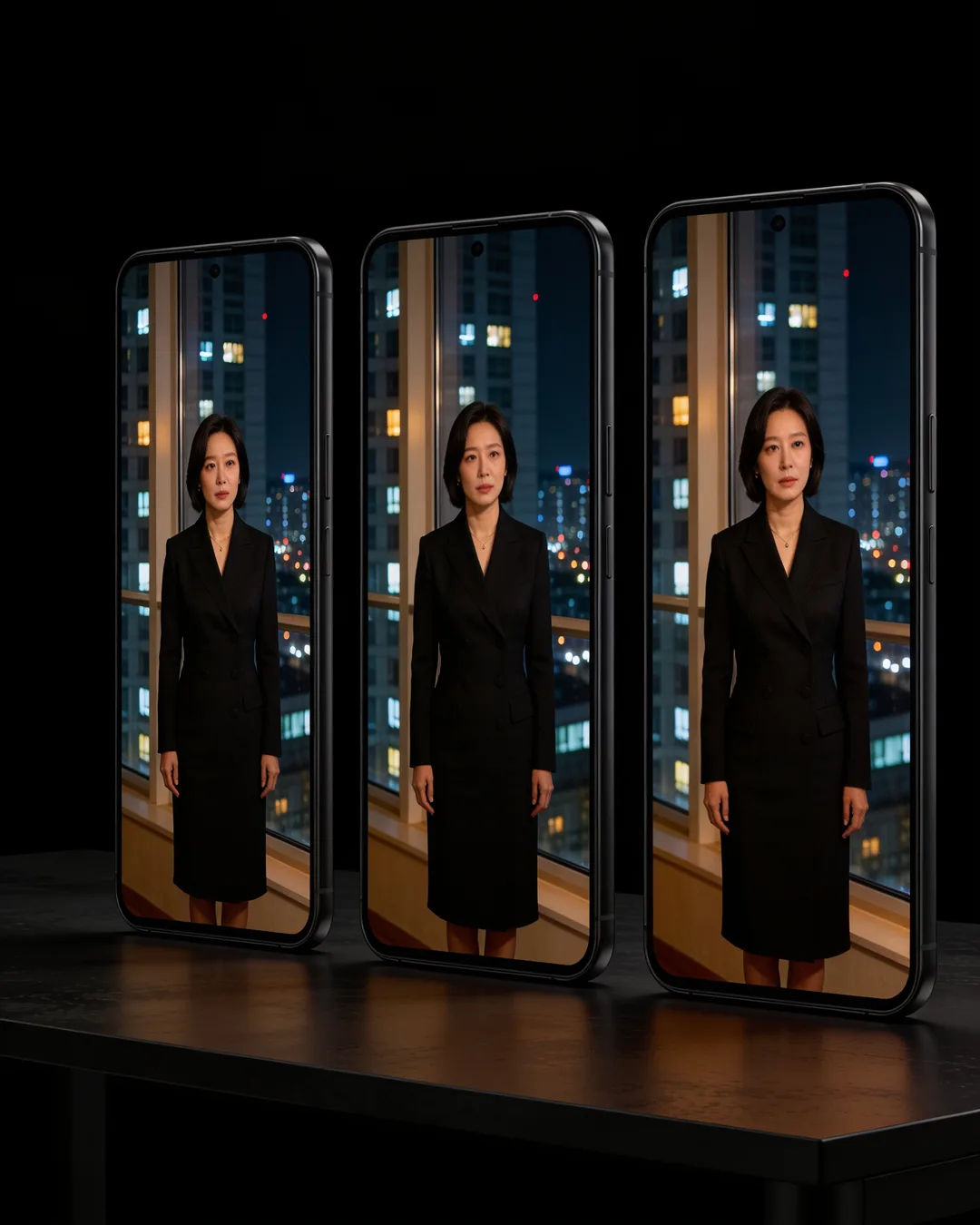The same Korean woman in a black tailored dress on three vertical phone screens