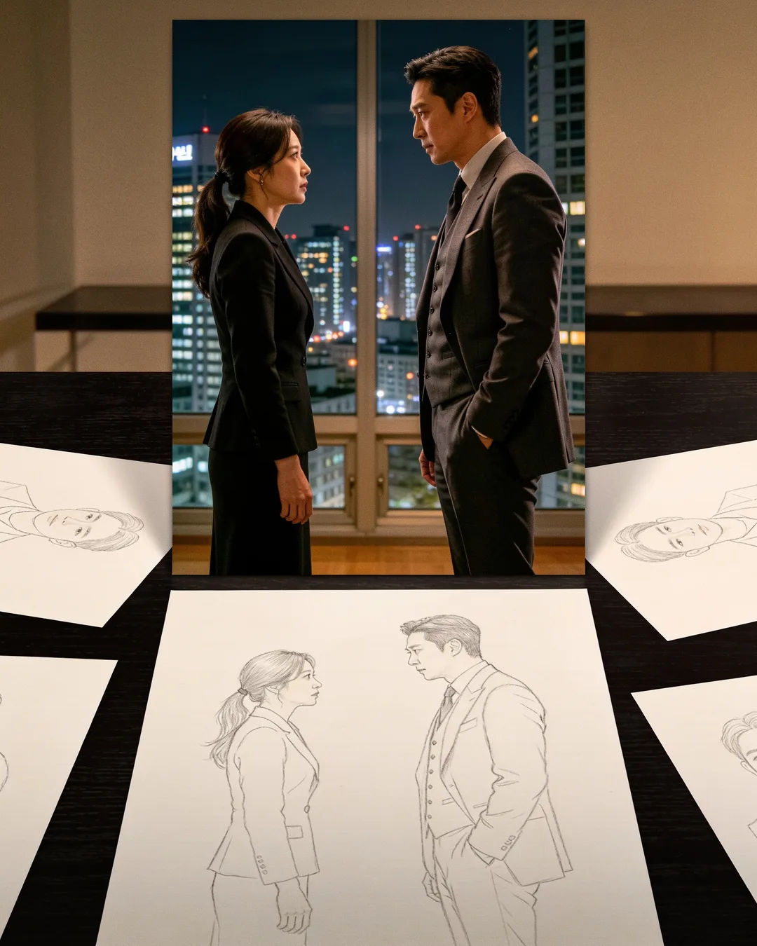Pencil storyboard sketches around a finished photo of a Korean family scene