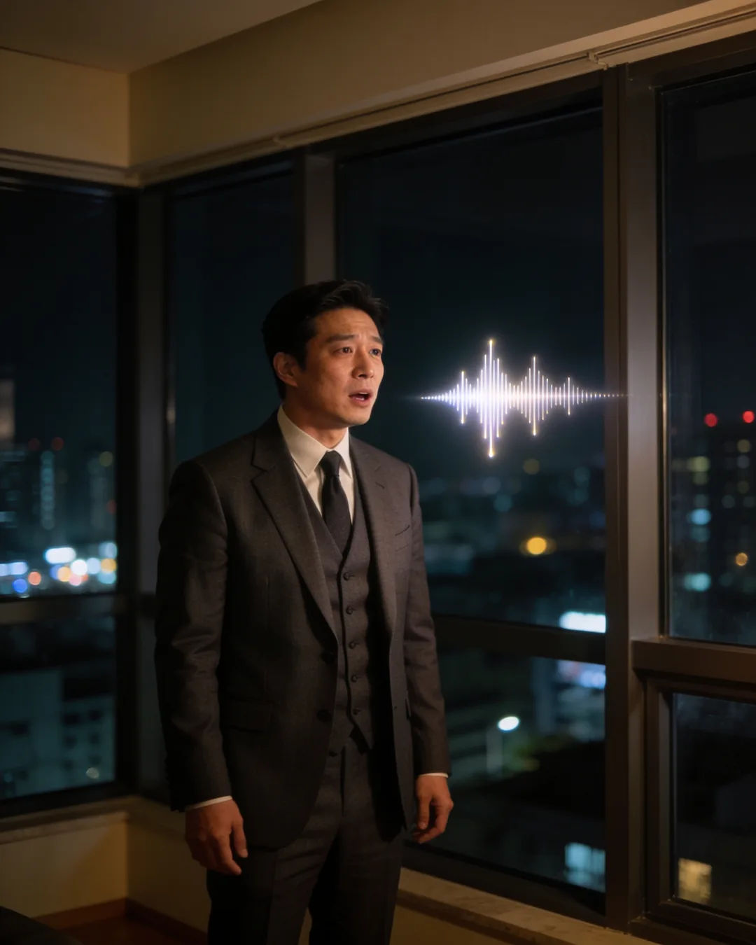 A Korean man in a charcoal suit speaking at home, a sound waveform beside him