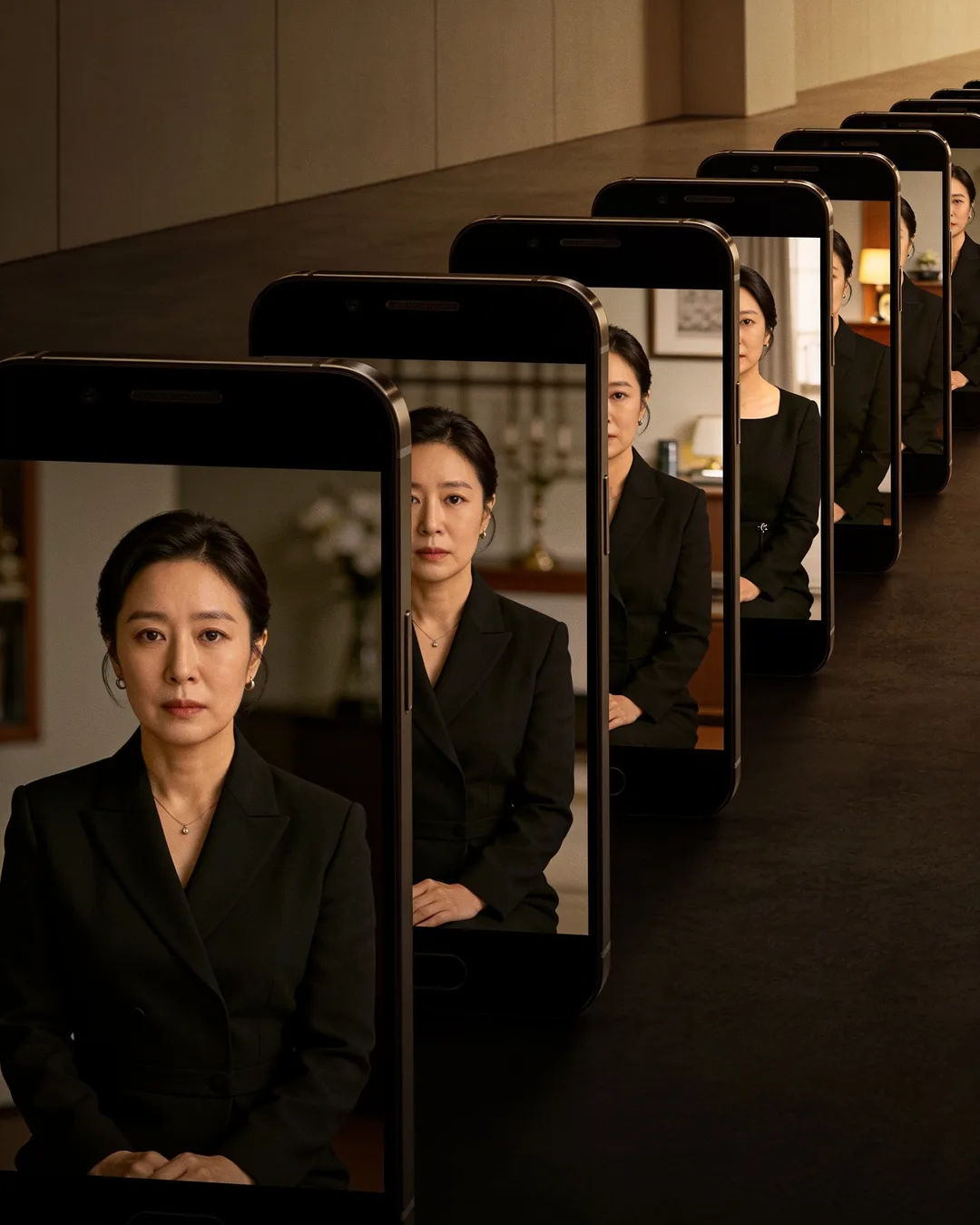 A row of phones showing episodes of the same Korean drama series