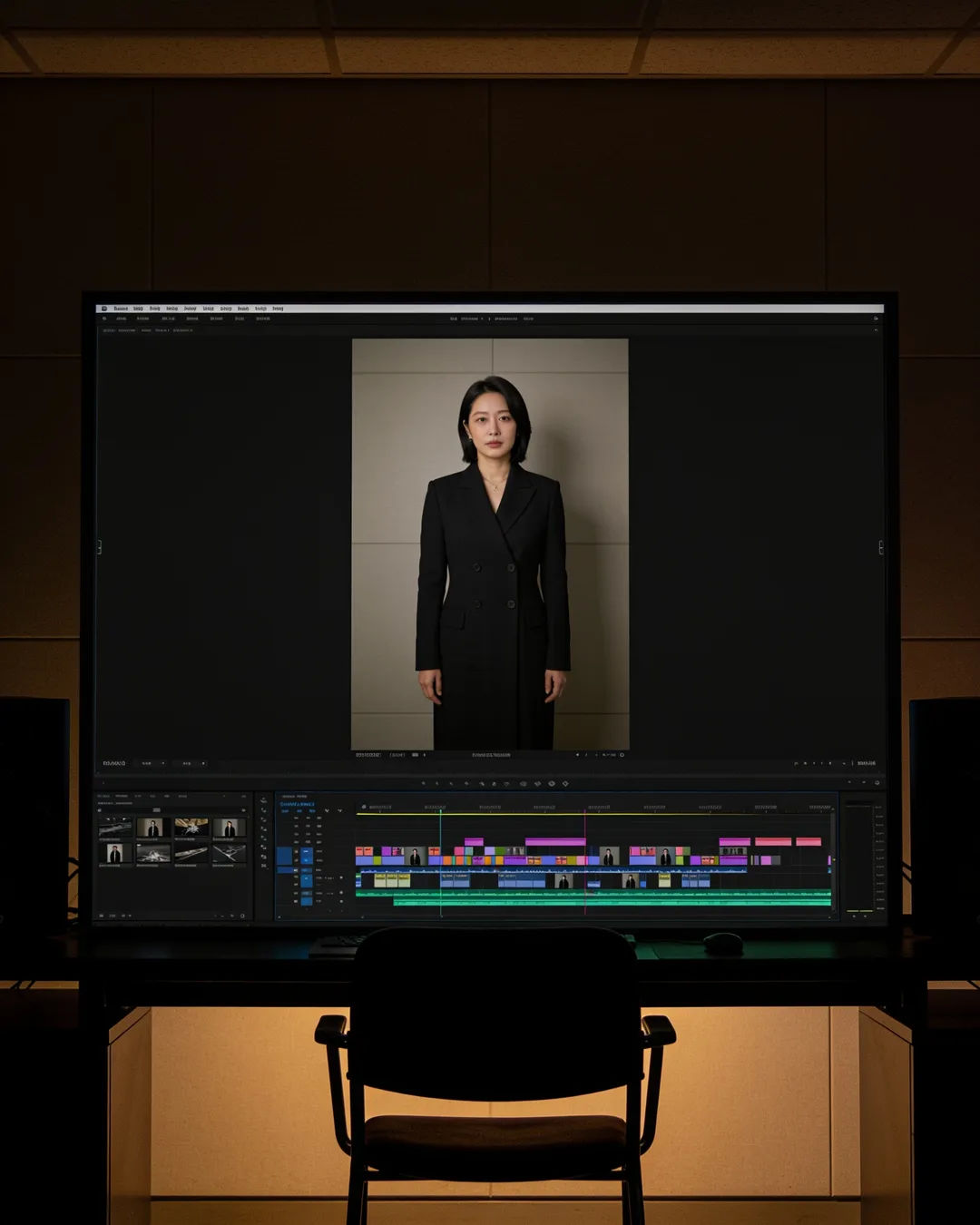 An editing suite with a vertical frame of a Korean woman in a black tailored dress above a timeline