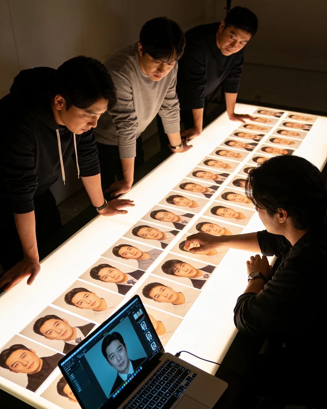 A Korean production team reviewing printed frames on a lit table
