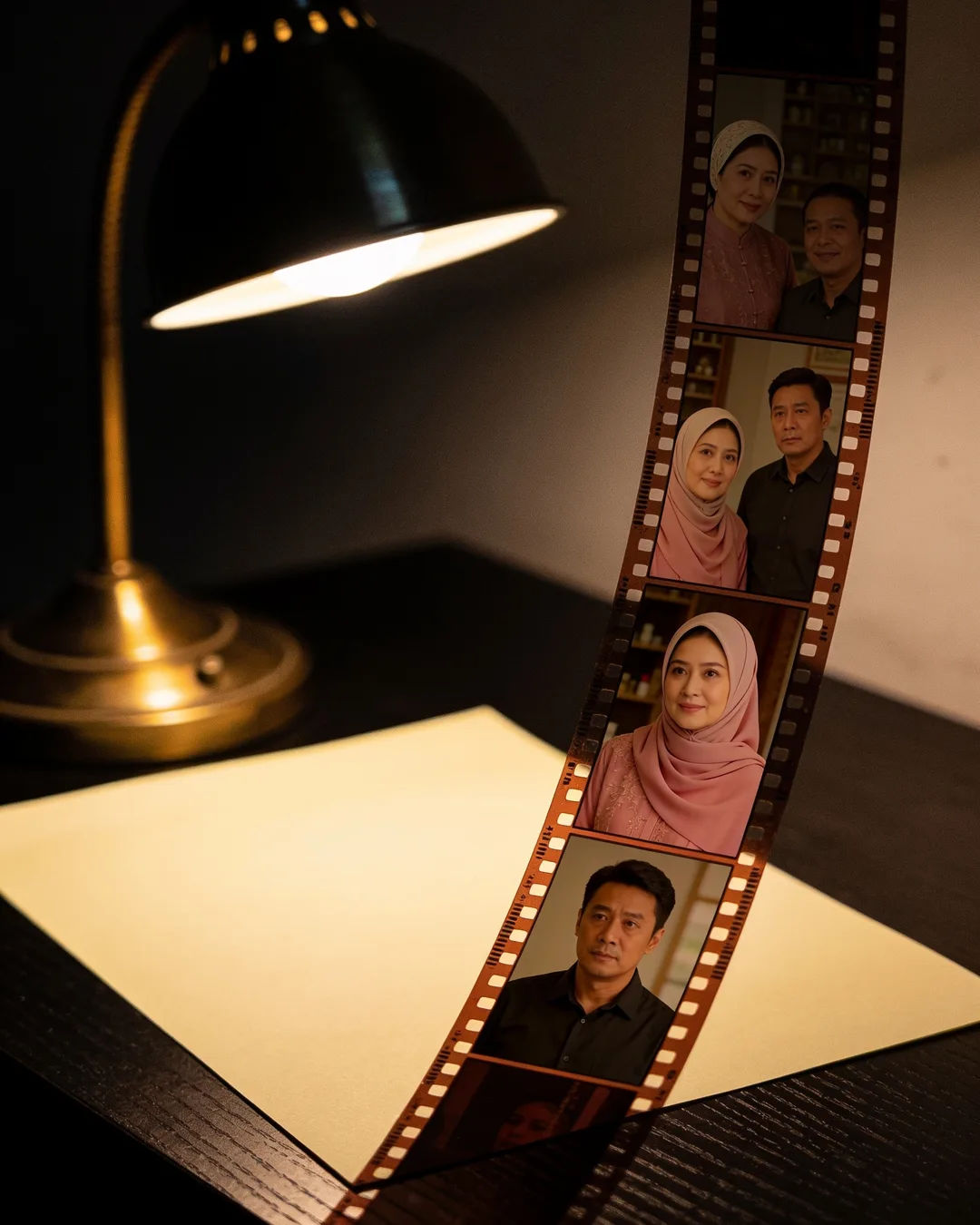 A blank page under a desk lamp beside a strip of film frames from a Malay family drama
