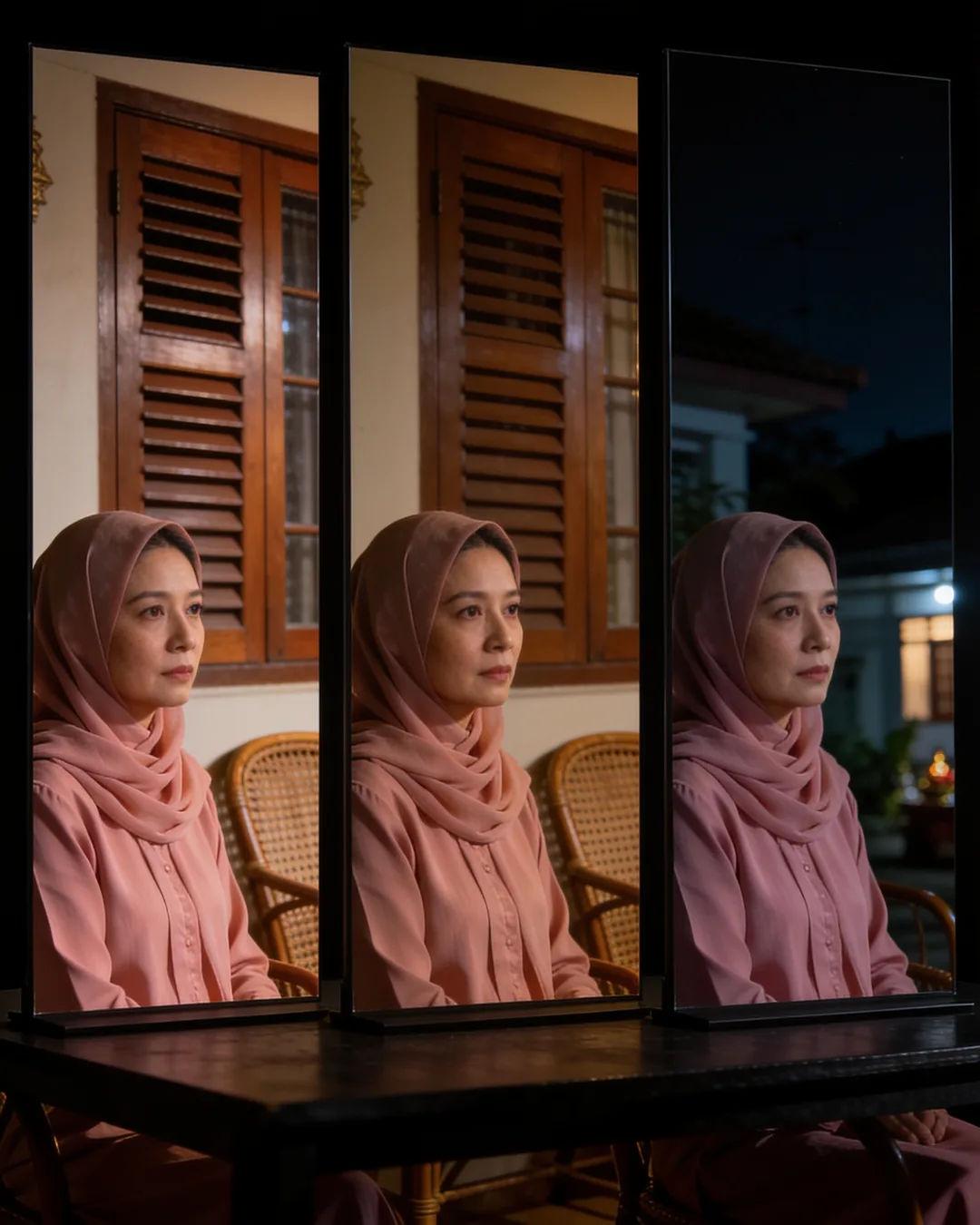 The same Malay woman in a rose baju kurung on three vertical phone screens