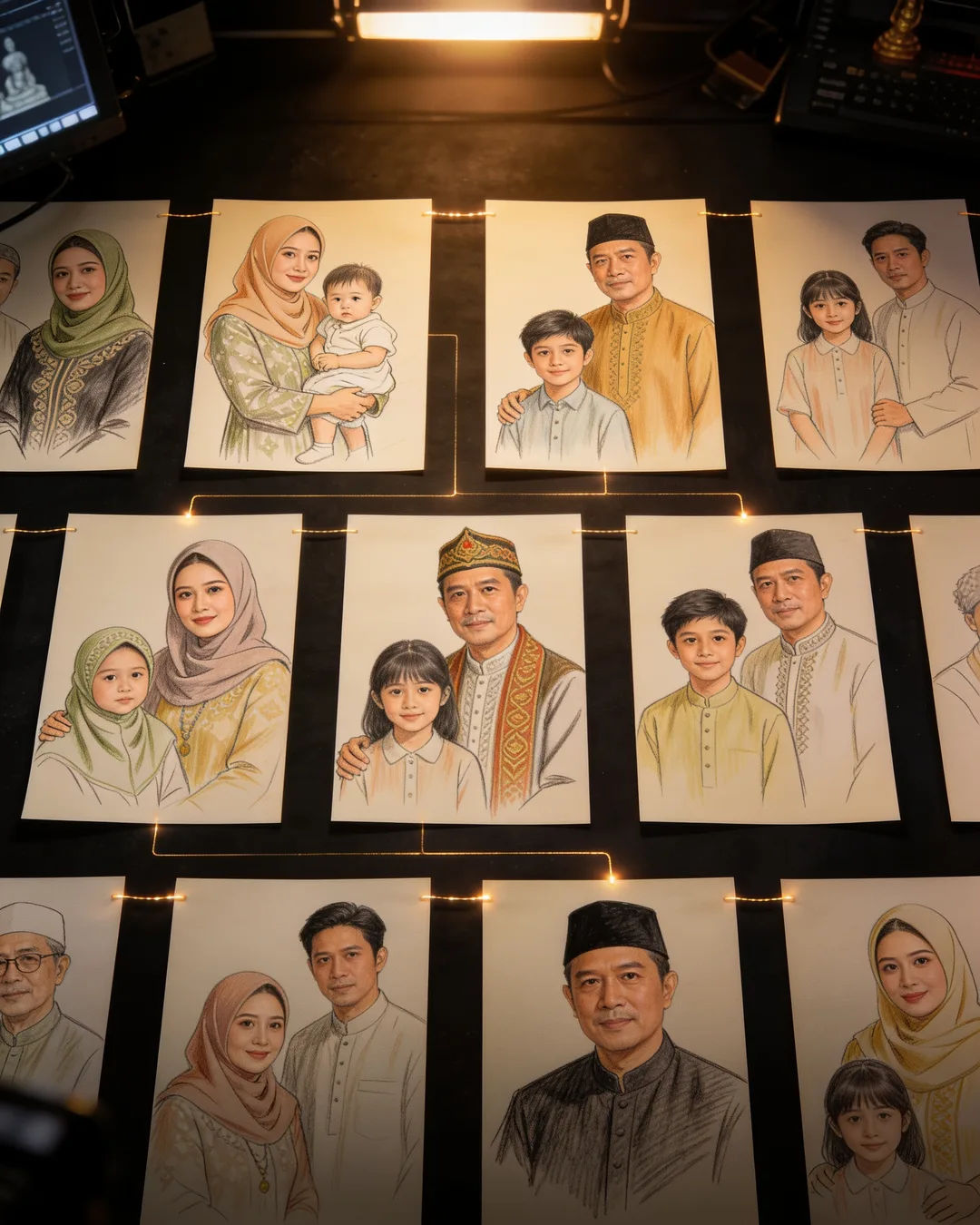 Storyboard cards of a Malay family drama laid out on a production table