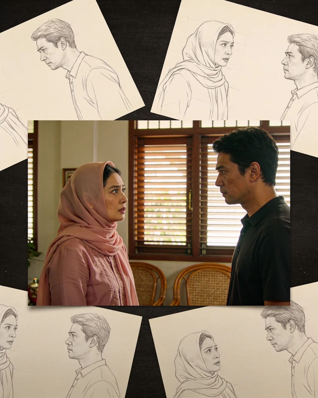 Pencil storyboard sketches around a finished photo of a Malay family scene