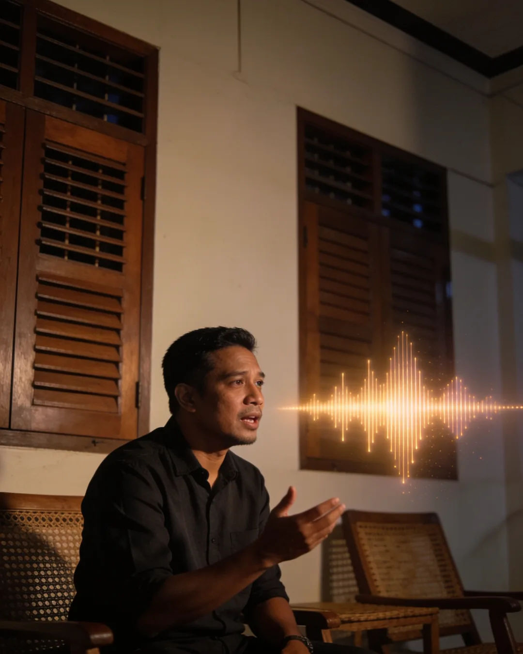 A Malay man in a dark shirt speaking at home, a sound waveform beside him