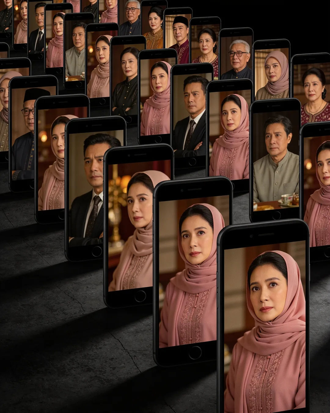 A row of phones showing episodes of the same Malay drama series