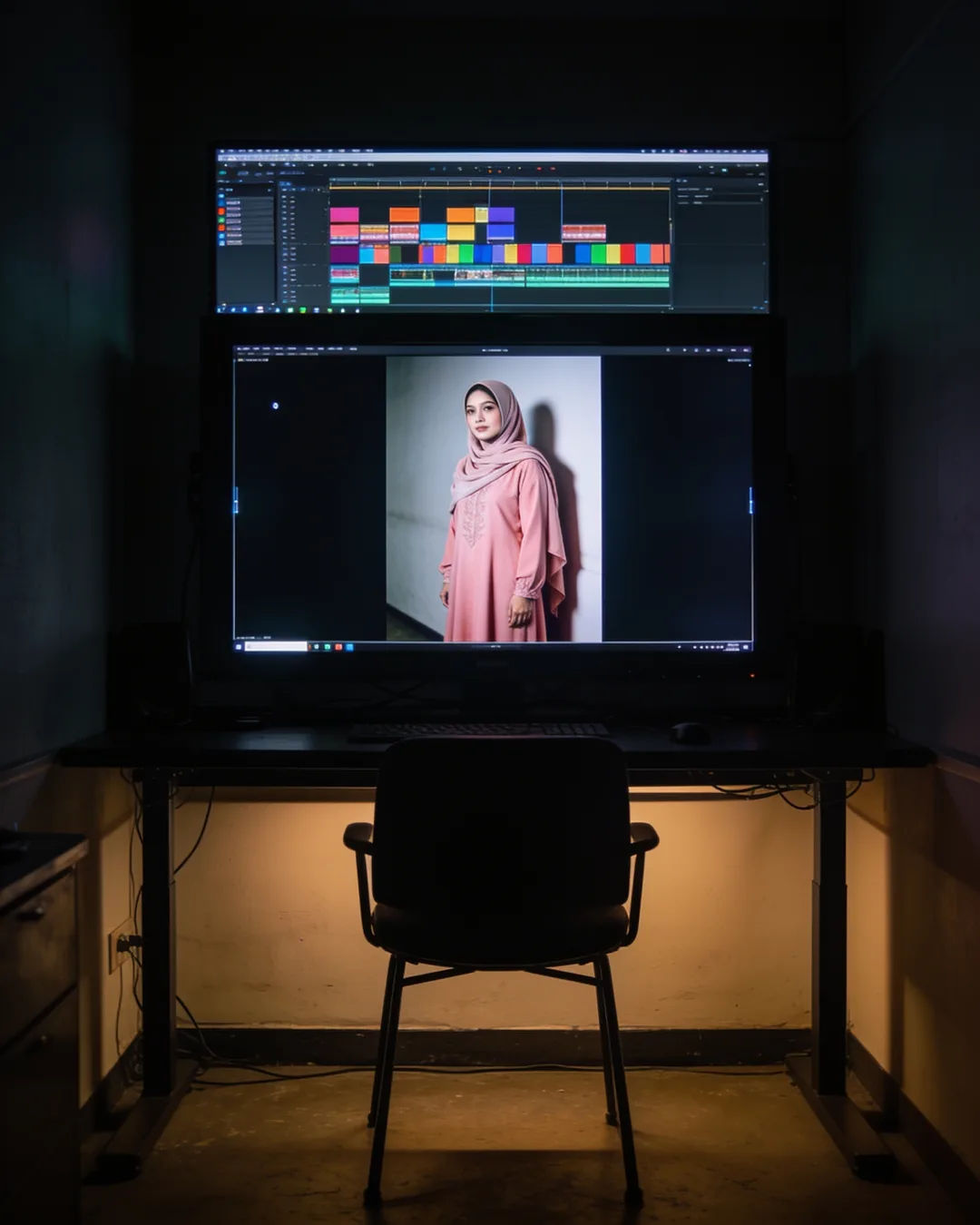 An editing suite with a vertical frame of a Malay woman in a rose baju kurung above a timeline