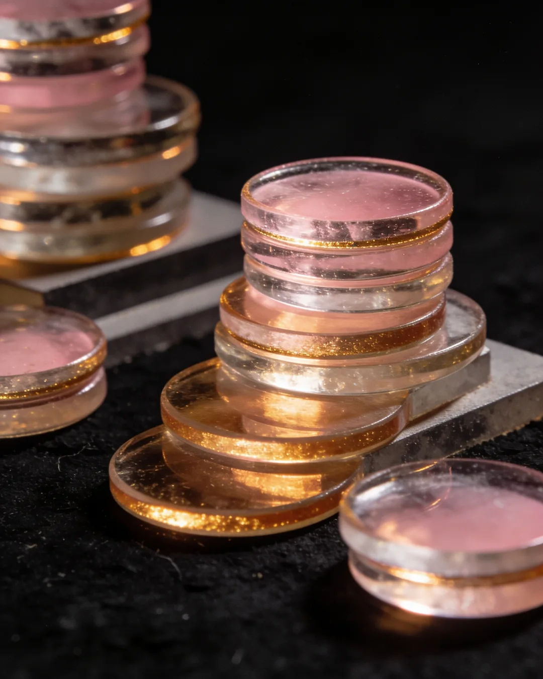 Stacks of glass tokens rising on a black ground