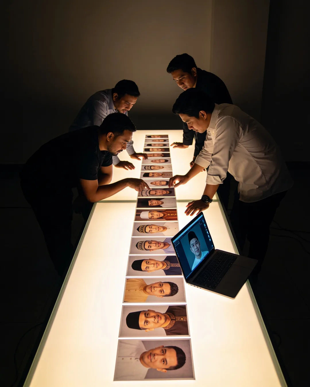 A Malaysian production team reviewing printed frames on a lit table