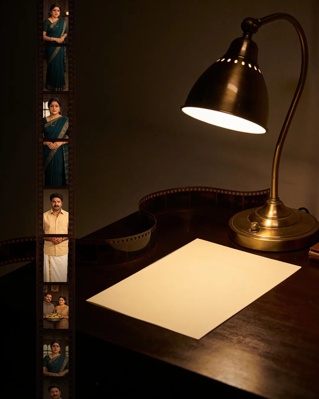A blank page under a desk lamp beside a strip of film frames from a Malayalam family drama