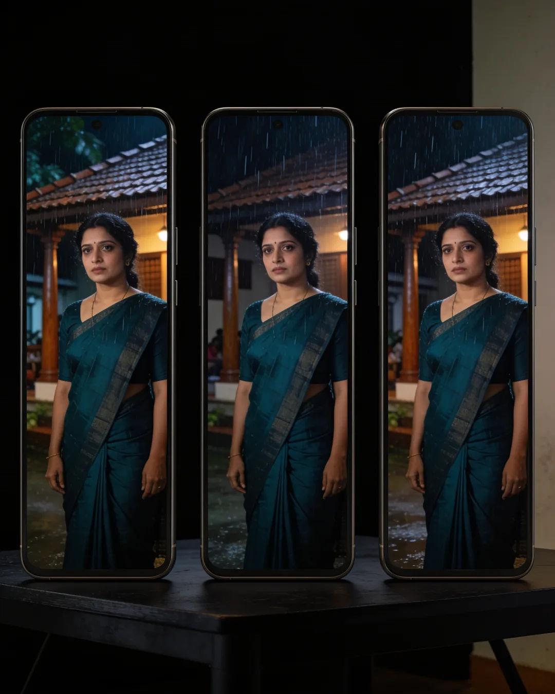 The same Malayali woman in a dark teal saree on three vertical phone screens