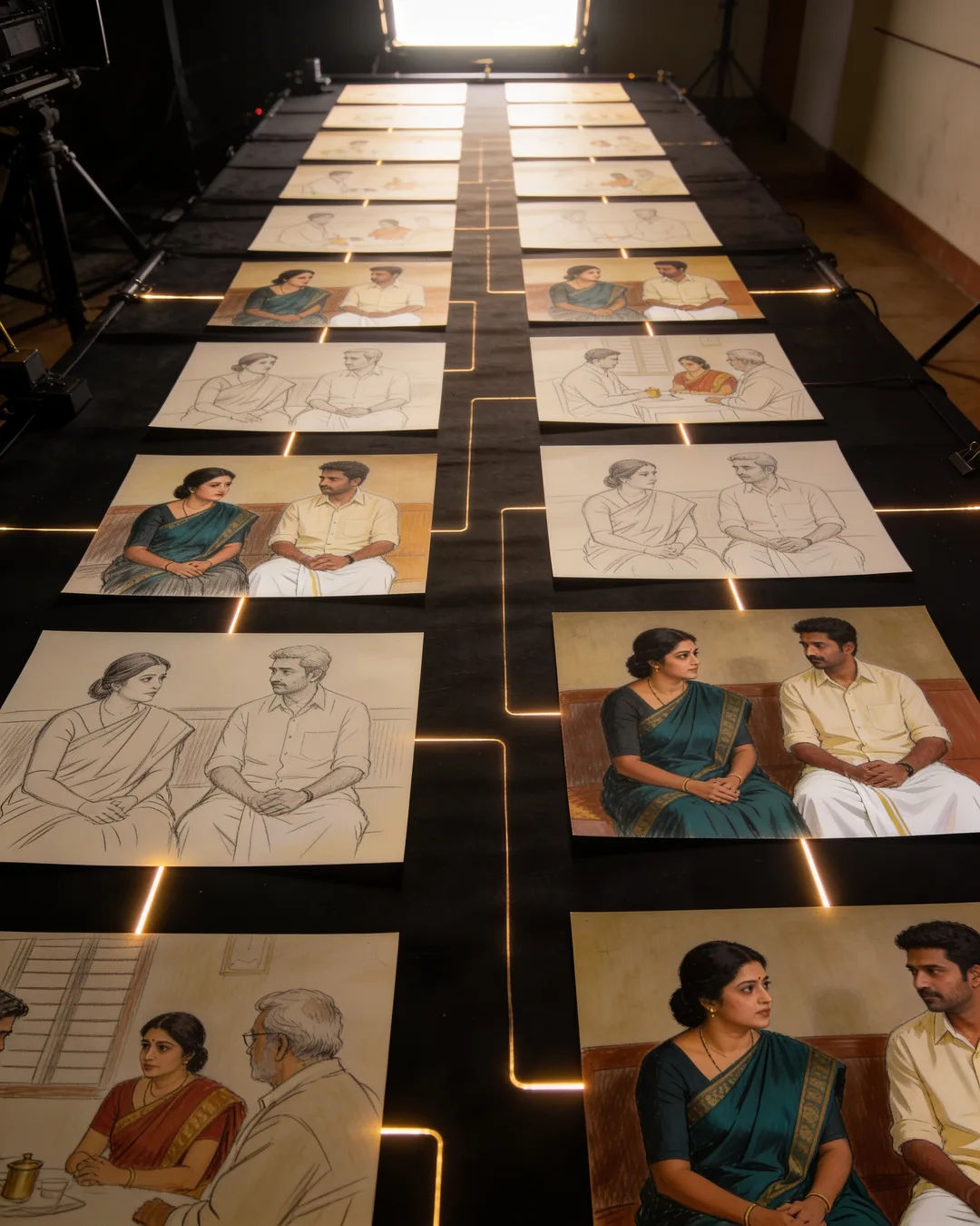 Storyboard cards of a Malayalam family drama laid out on a production table