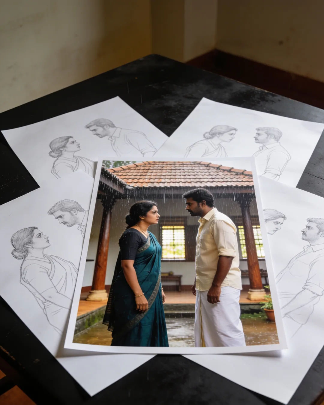 Pencil storyboard sketches around a finished photo of a Malayalam family scene