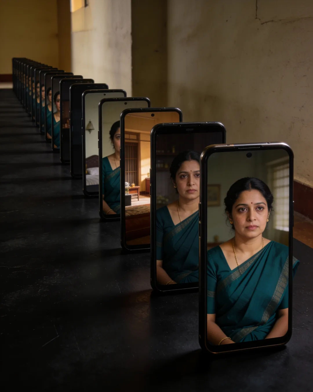 A row of phones showing episodes of the same Malayalam drama series