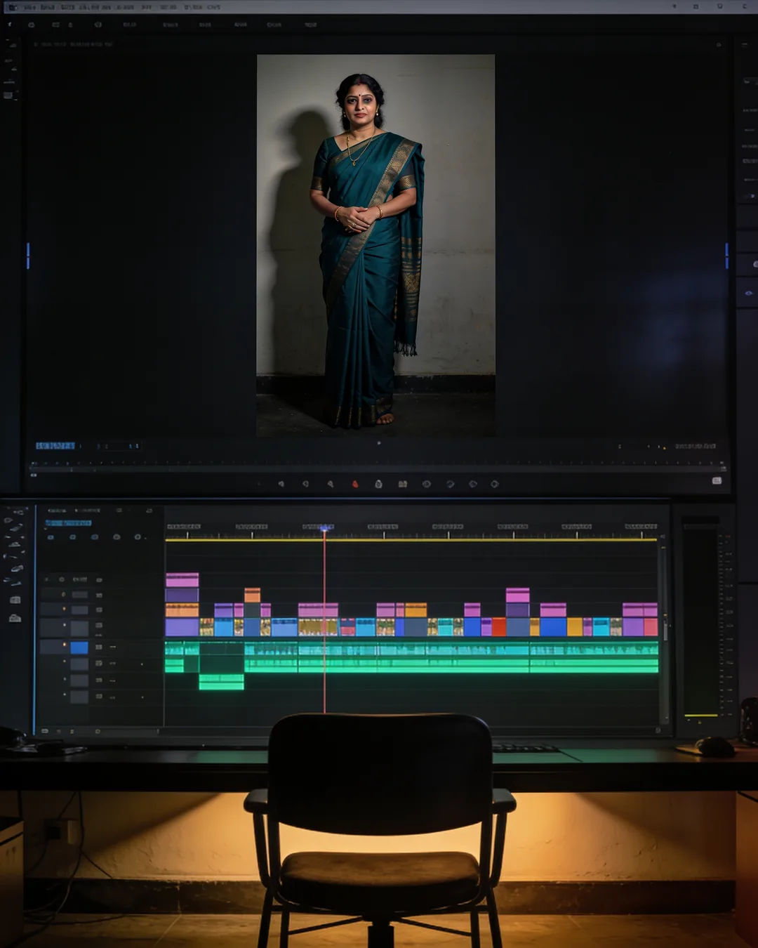 An editing suite with a vertical frame of a Malayali woman in a dark teal saree above a timeline