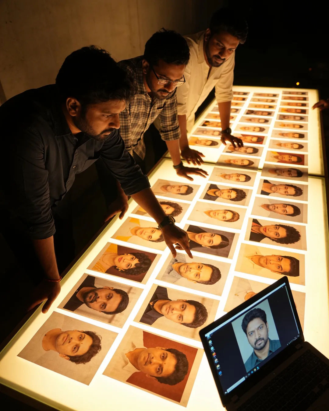 A Kochi production team reviewing printed frames on a lit table
