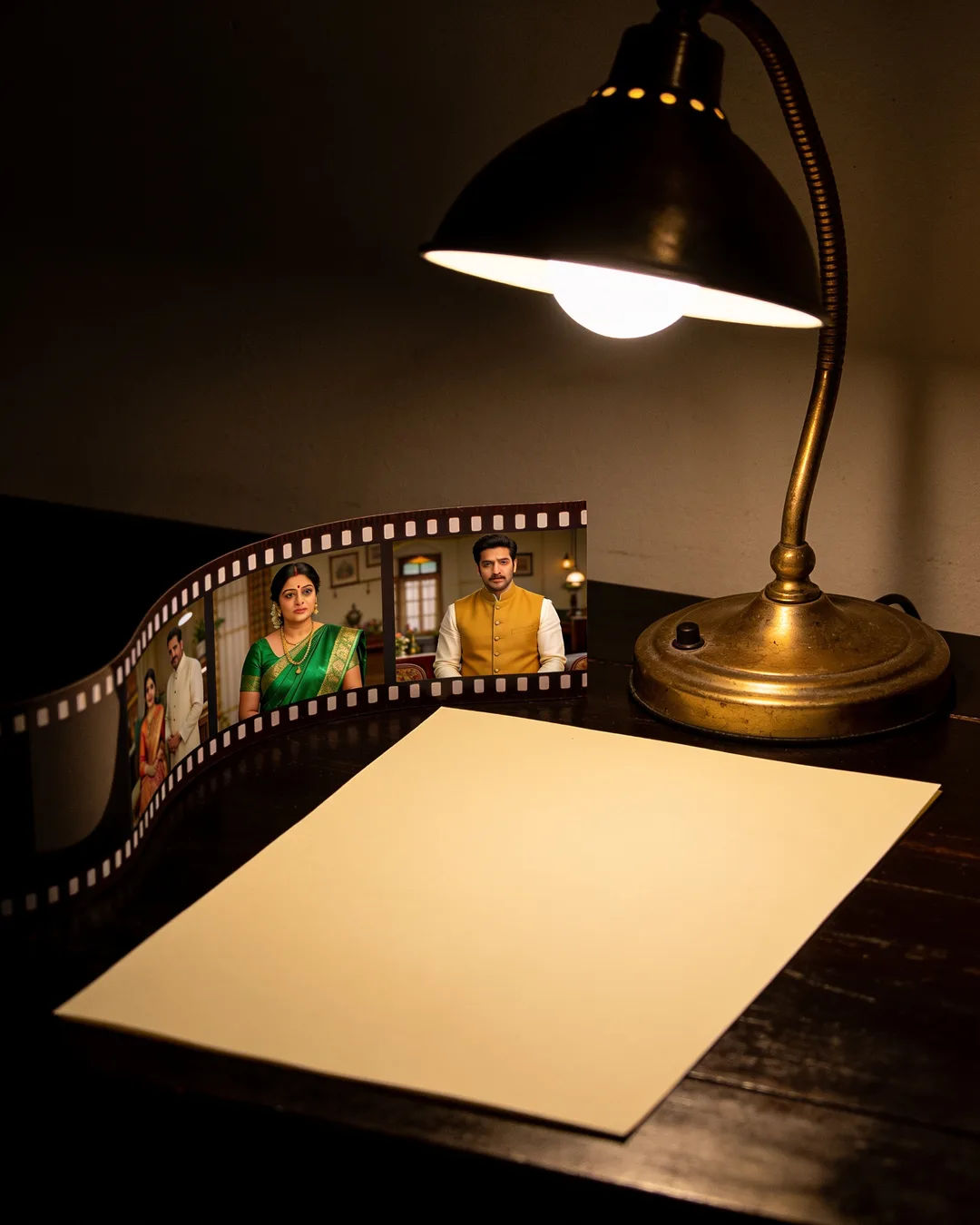 A blank page under a desk lamp beside a strip of film frames from a Marathi family drama