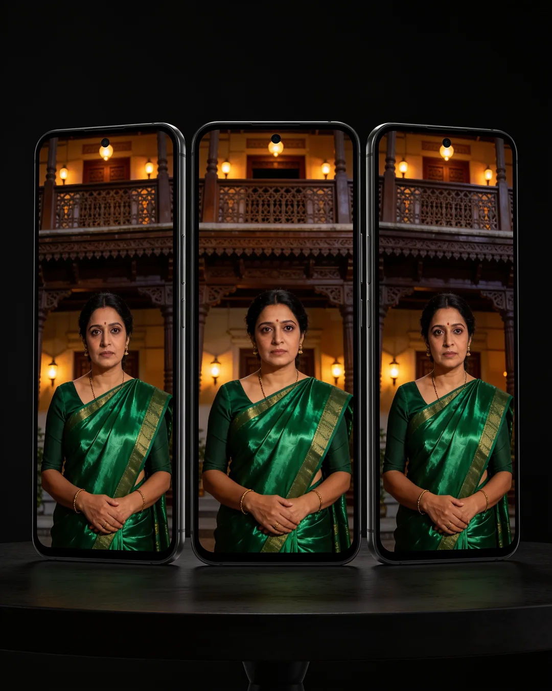 The same Marathi woman in a green silk saree on three vertical phone screens