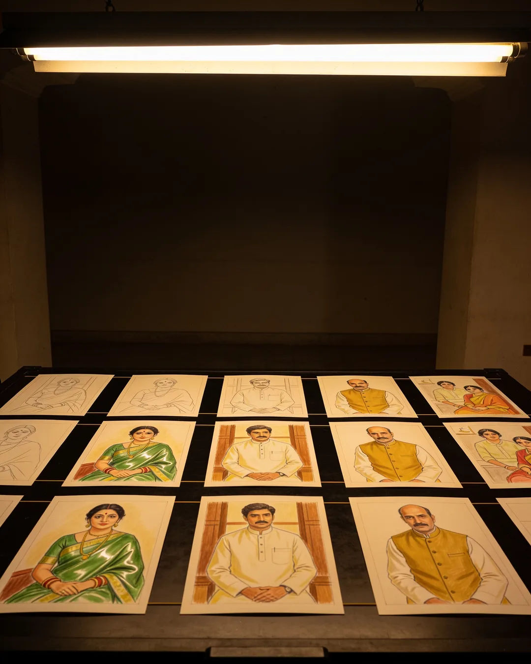 Storyboard cards of a Marathi family drama laid out on a production table