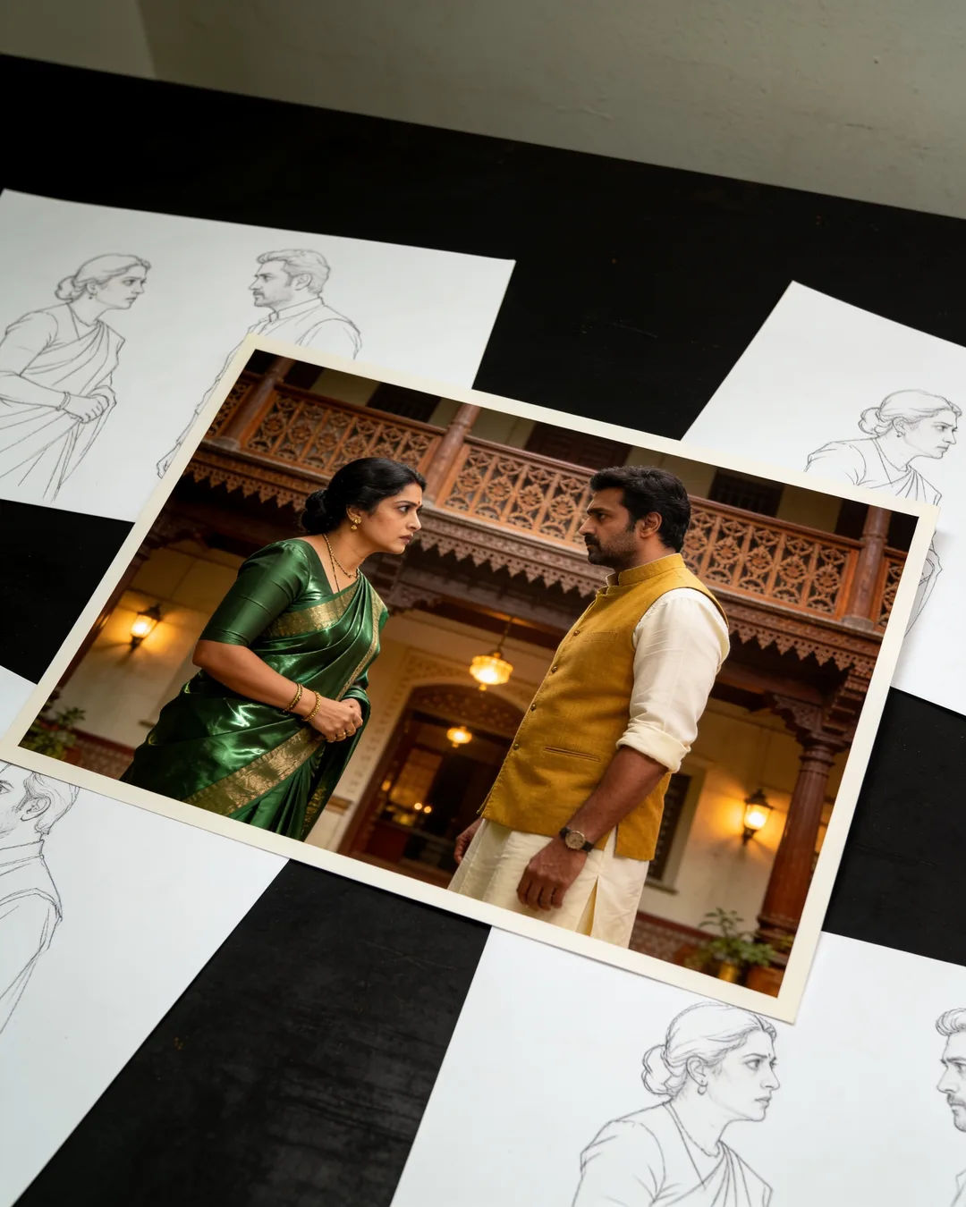 Pencil storyboard sketches around a finished photo of a Marathi family scene