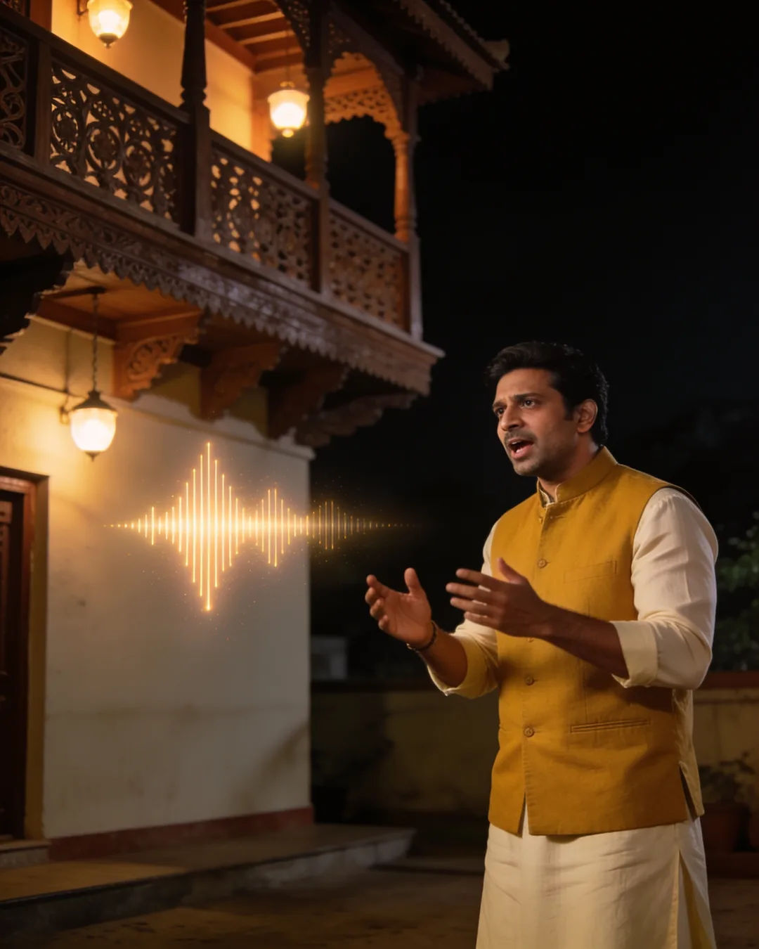 A Marathi man in a cream kurta and mustard waistcoat speaking at home, a sound waveform beside him