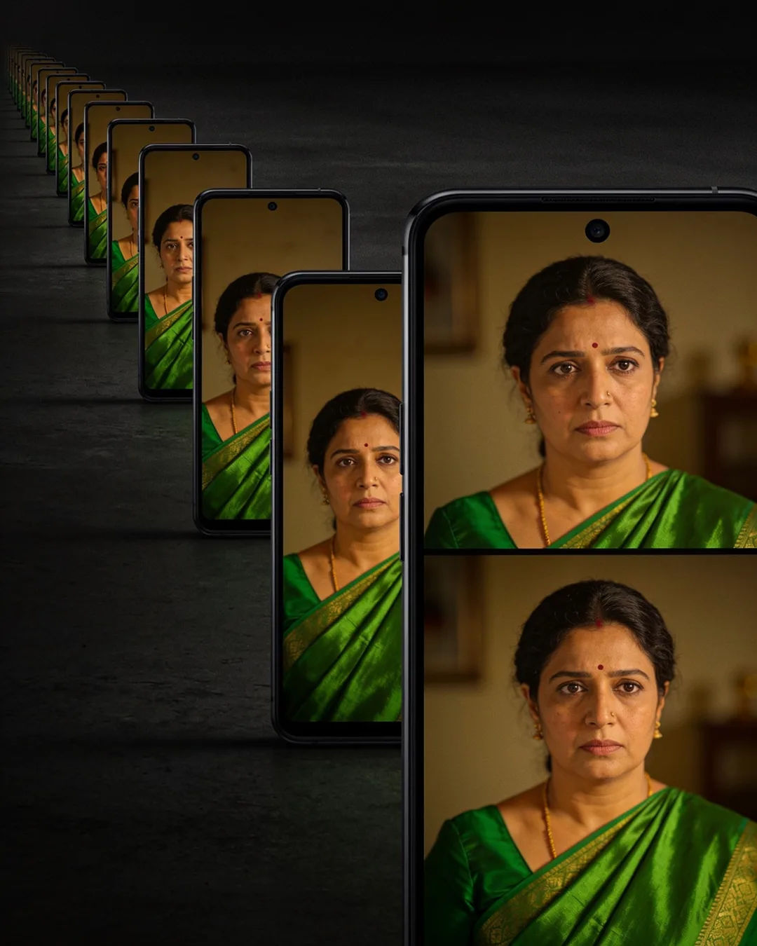 A row of phones showing episodes of the same Marathi drama series