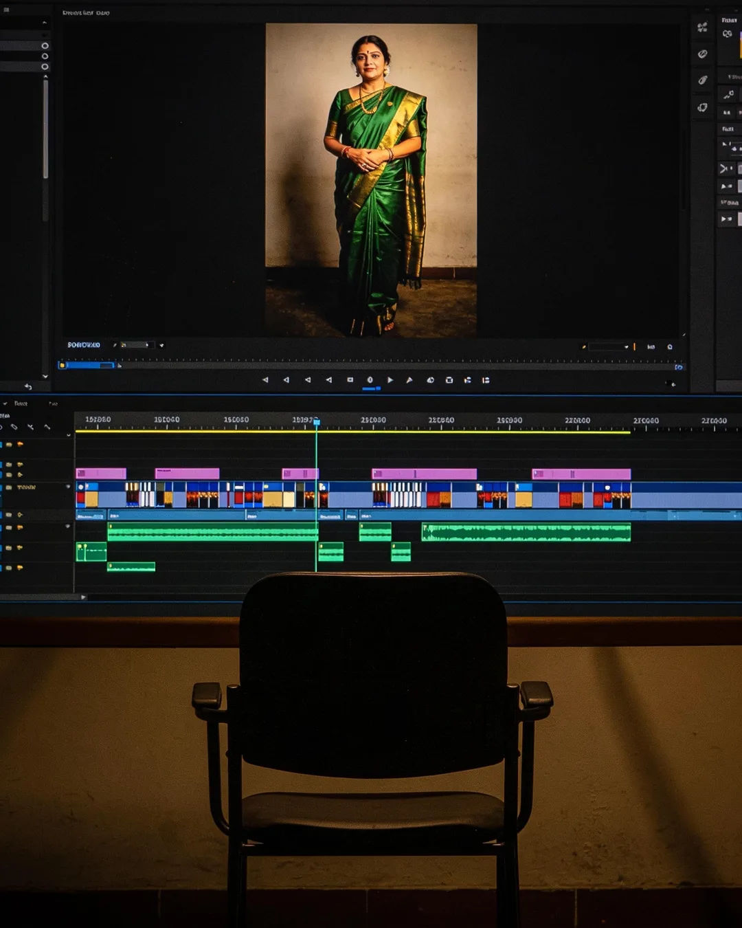 An editing suite with a vertical frame of a Marathi woman in a green silk saree above a timeline