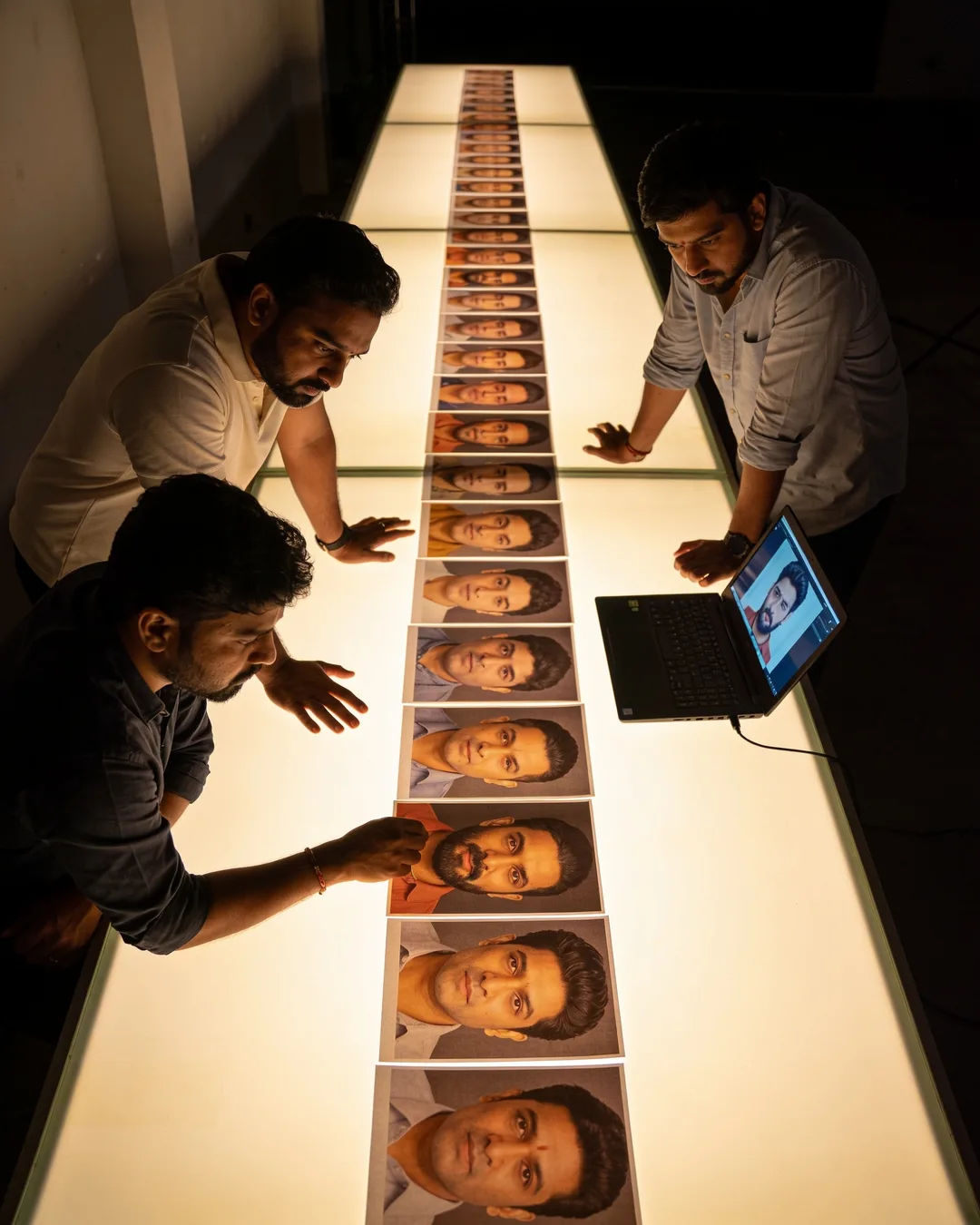 A Pune production team reviewing printed frames on a lit table